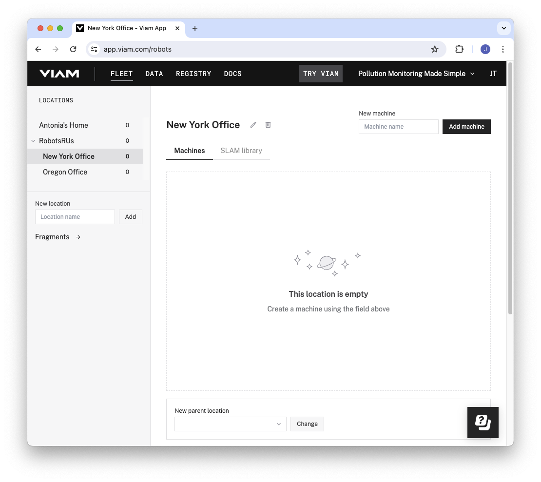 The New York Office fleet page. The left Locations navigation panel lists Antonia's Home and RobotsRUs, with New York Office and Oregon Office nested inside RobotsRUs.